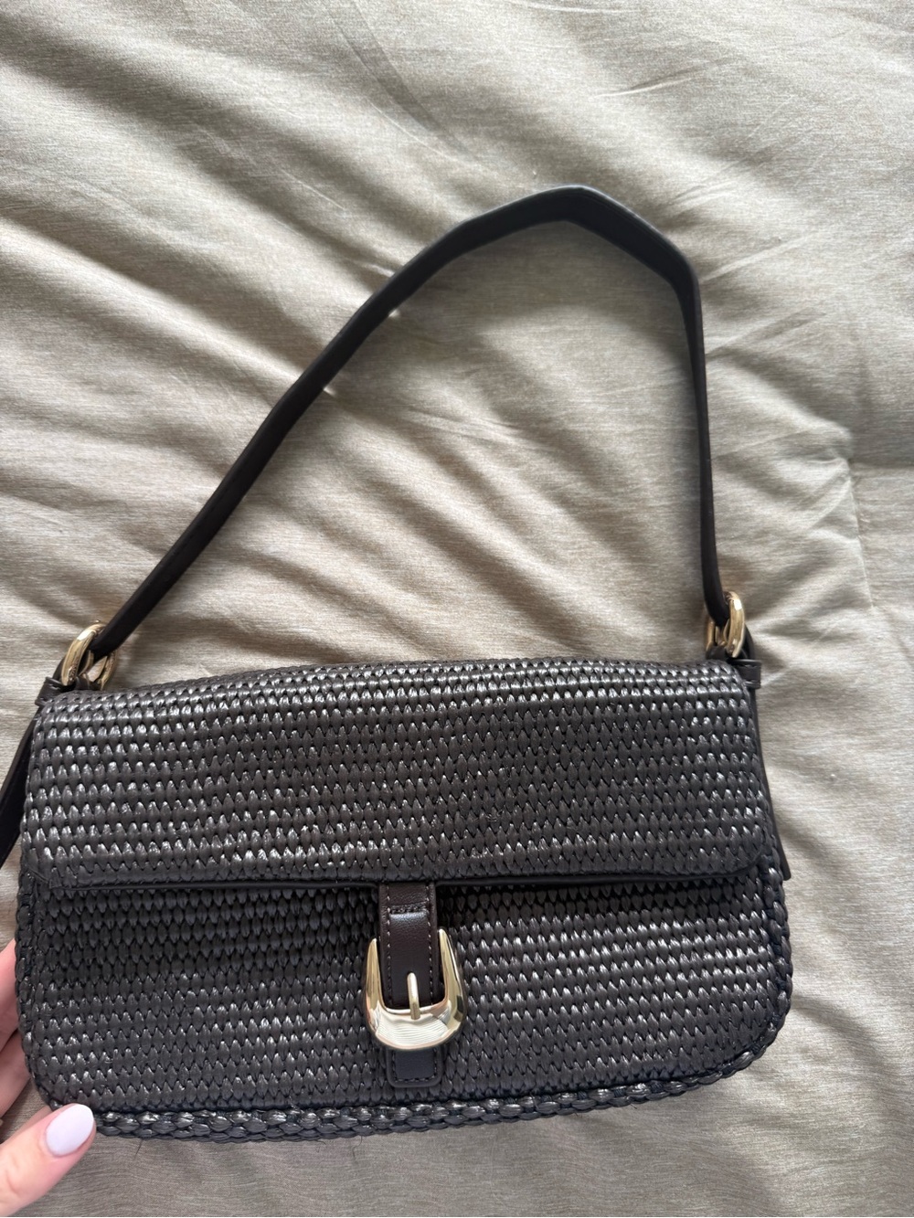 NWOT Woven Espresso Brown Shoulder Bag with Gold Buckle